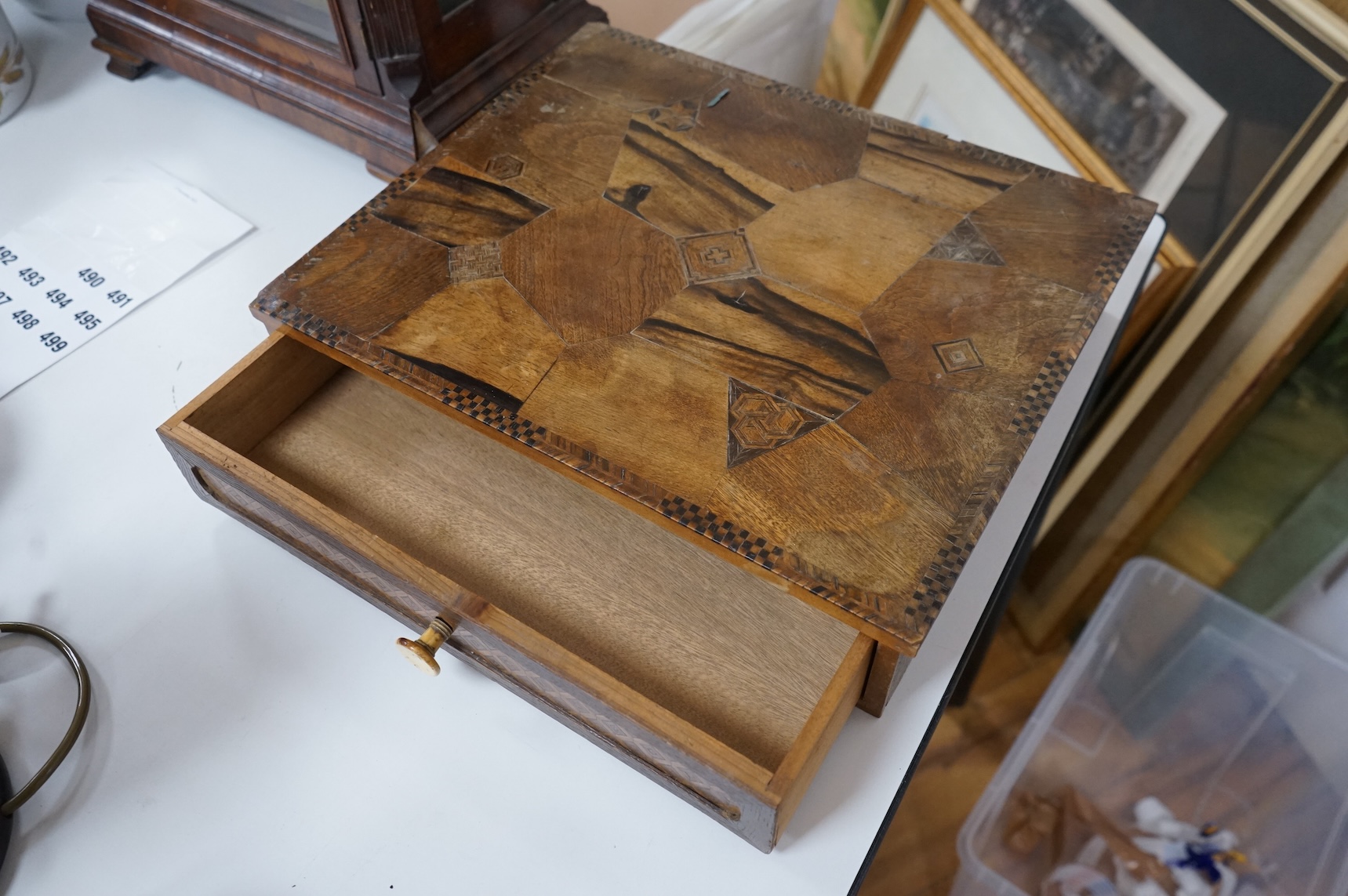 A Japanese Hakone ware inlaid wood box and a papier-mâché tray, largest 39cm wide